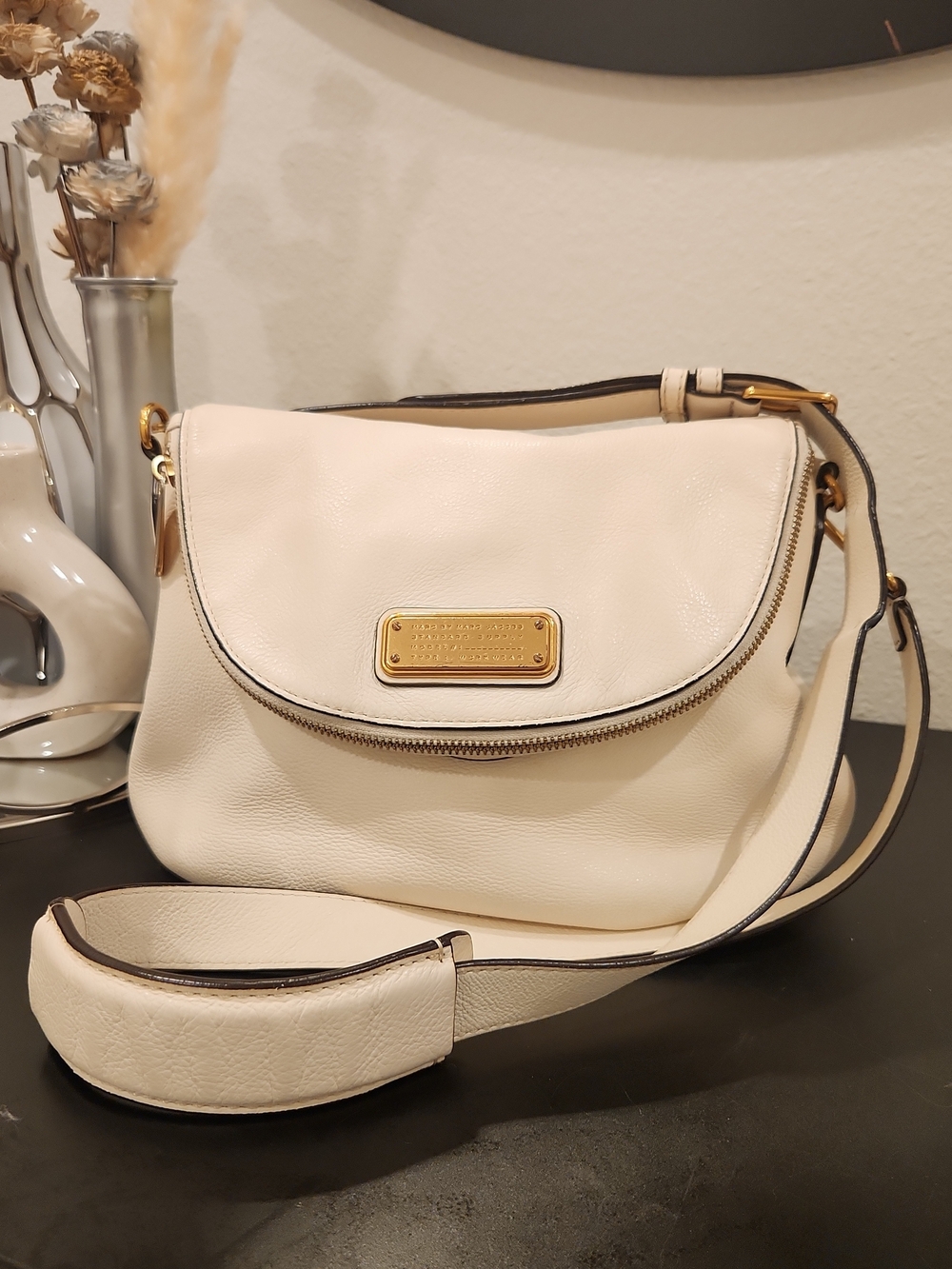 Marc Jacobs Ivory Leather Crossbody with Gold Logo Plate
